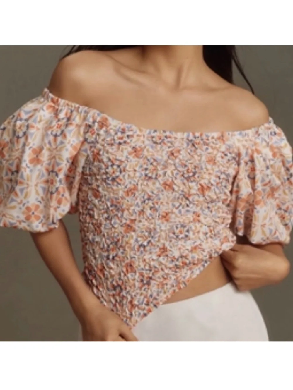 NWT Anthropologie Dolan smocked Smocked Puff-Sleeve Floral Crop Top